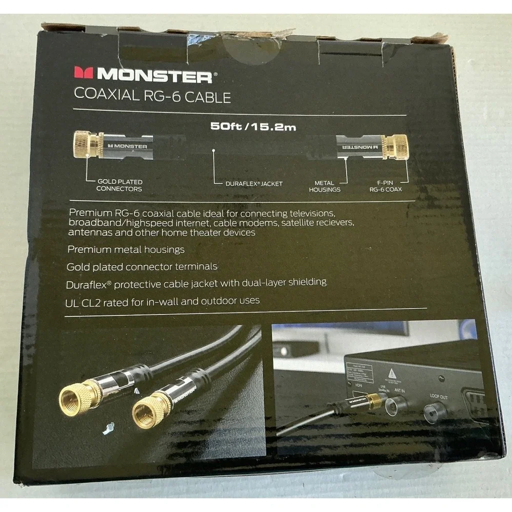 Monster Coaxial RG-6 Cable 50ft In-Wall Rated Gold Plated Connectors‎ Black NWT